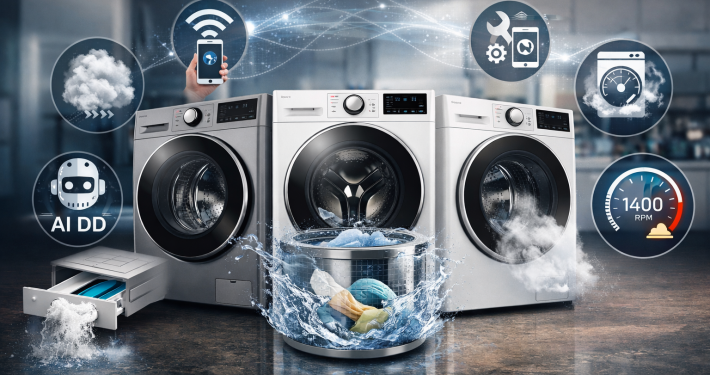 LG Y1 Series washing machines with 7, 8, and 9 kg capacity, featuring AI DD, WiFi connectivity, steam function, and inverter motor, displayed in modern kitchen setting.