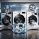 LG Y1 Series washing machines with 7, 8, and 9 kg capacity, featuring AI DD, WiFi connectivity, steam function, and inverter motor, displayed in modern kitchen setting.